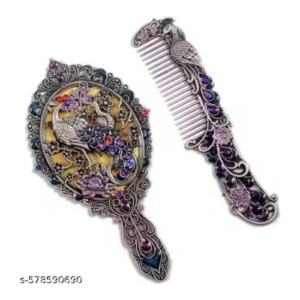 HANDMADE HUB Makeup Mirror Comb Mettalic Mirror & Comb