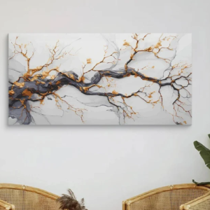 Handmade abstract painting with tree, white, grey, and gold lines