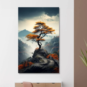 Flower Tree Painting with mountans in background Full Handmade